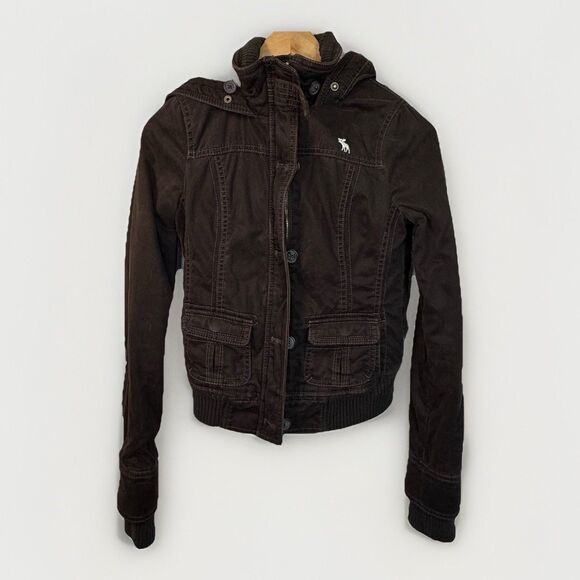 Vintage Y2K Abercrombie Fitch Jacket Brown Bomber Sherpa Hooded Cropped Moose M - Picture 1 of 8